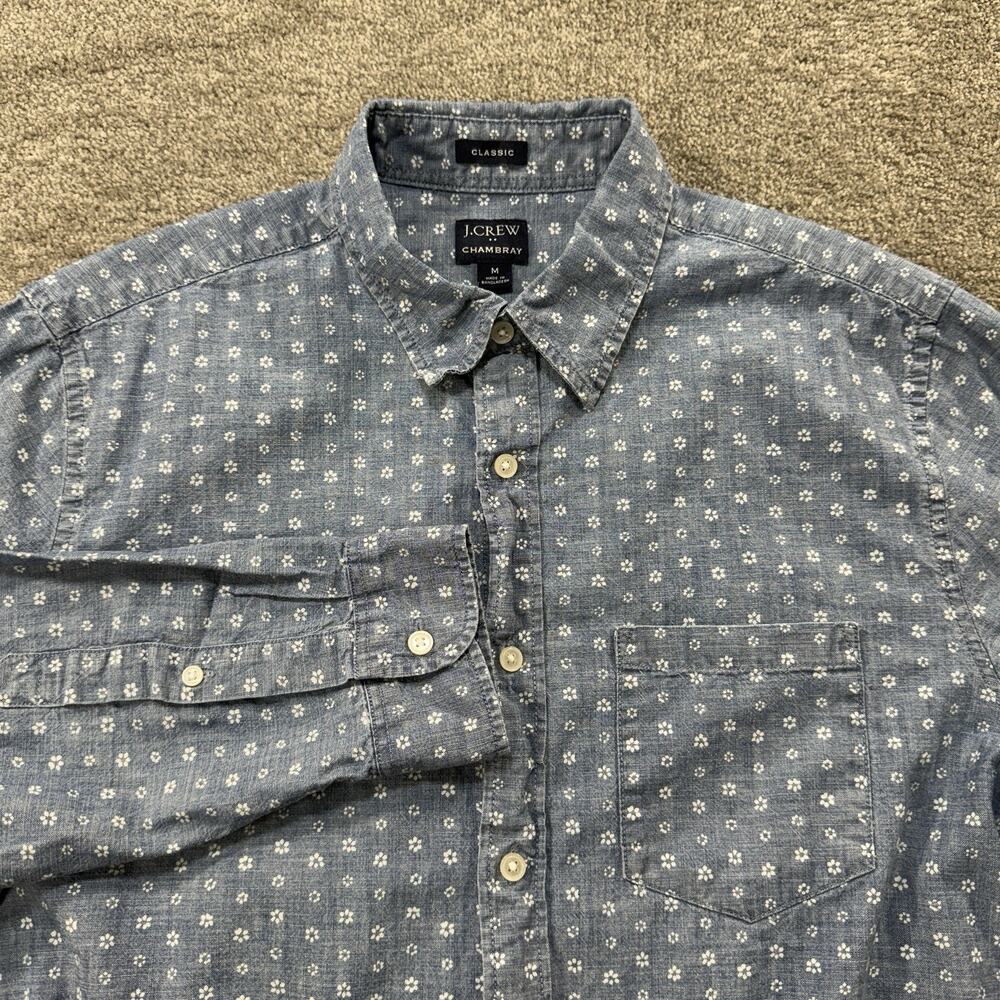 J.Crew Men’s‎ Chambray Shirt M Blue Floral Print Classic Fit Long Sleeve Cotton